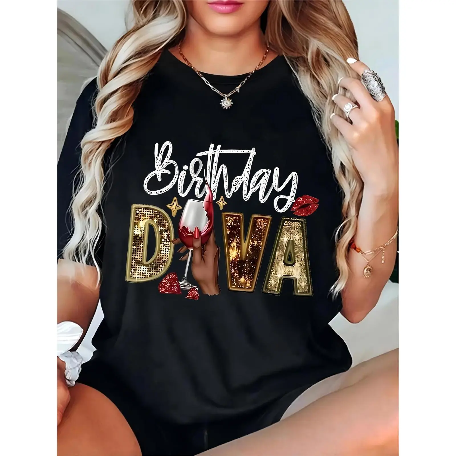 Women's 100% Cotton Birthday Diva Short Sleeve T-Shirt - Crew Neck, Relaxed Loose-Fit, Sequin Lips Glam Print, Lightweight, Breathable, Comfortable, Machine Washable Casual Top, Relaxed Fit