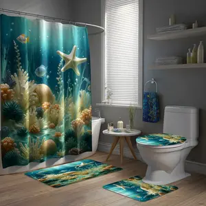 Ocean Plant Shower Curtain Set, Turquoise Blue Style, Zebra Print, Waterproof, 70.8x74 Inches, Bathroom Decor, Bathroom Decoration Accessories