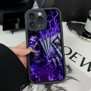 Trendy Skull Poker Card Phone Case for iPhone 16 15 14 Pro Max 13 12 11 XR XS Plus Shockproof Drop Protection Rugged Durable Silicone Cover Cellphone Protective