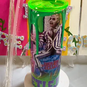 Custom Beetle Juice Tumbler with 3D Lid - 20oz - Bottle, Drinkware Metal Plastic Reusable Straw