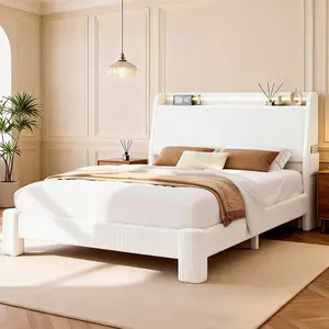 Jocoevol Upholstered Twin LED Bed Frame with Hidden Storage Headboard and Charging Station, Corduroy Platform Bed with Wingback, Heavy Duty Wood Slats, No Box Spring Needed, Noise-Free, Beige