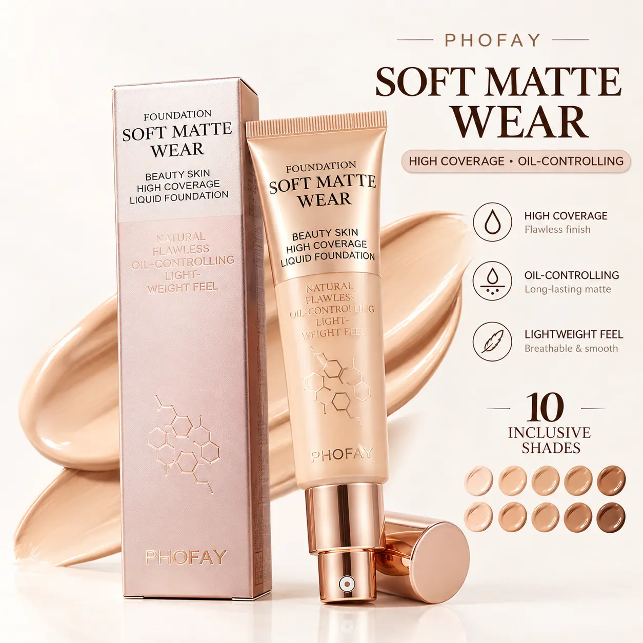 PHOFAY Full Coverage Liquid Foundation Makeup for Oily Skin, Lightweight Buildable Long-Wear Shine-Control Formula, Natural Matte Finish