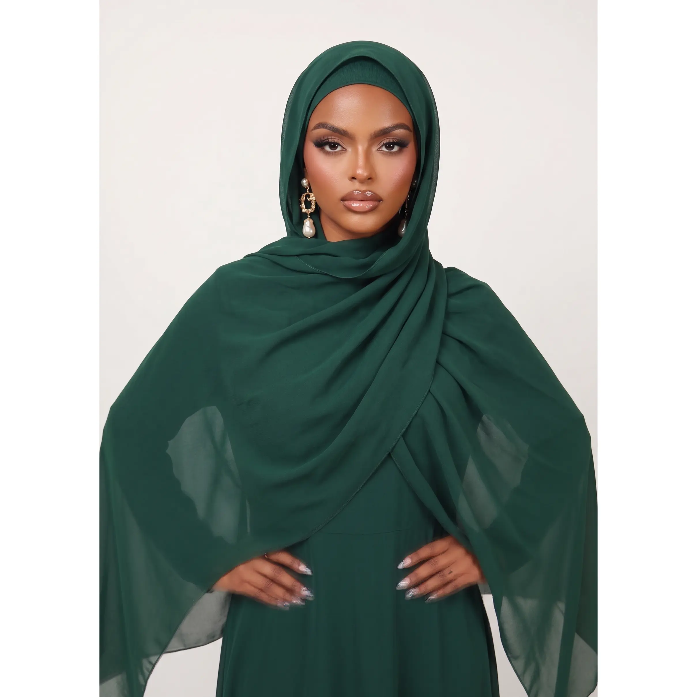 Women's Muslim Fashion Emerald Noir Chiffon Hijab, Lightweight Chiffon Pashmina Scarves for Modest Wear