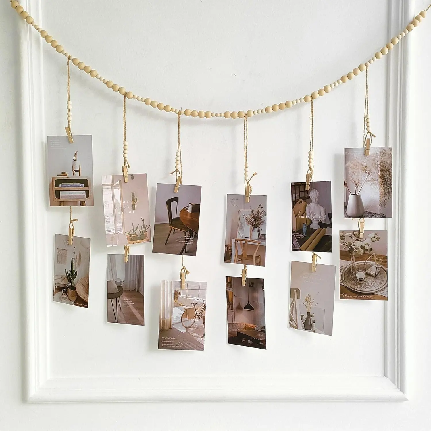 Beige Boho 3.6ft Wall-Mounted Hanging Display with Wooden Beads & Clips, String Photo Frame Decoration for Bedrooms, Gift-Worthy Home Decor Banner, Home Decor Items, Decor Accessory