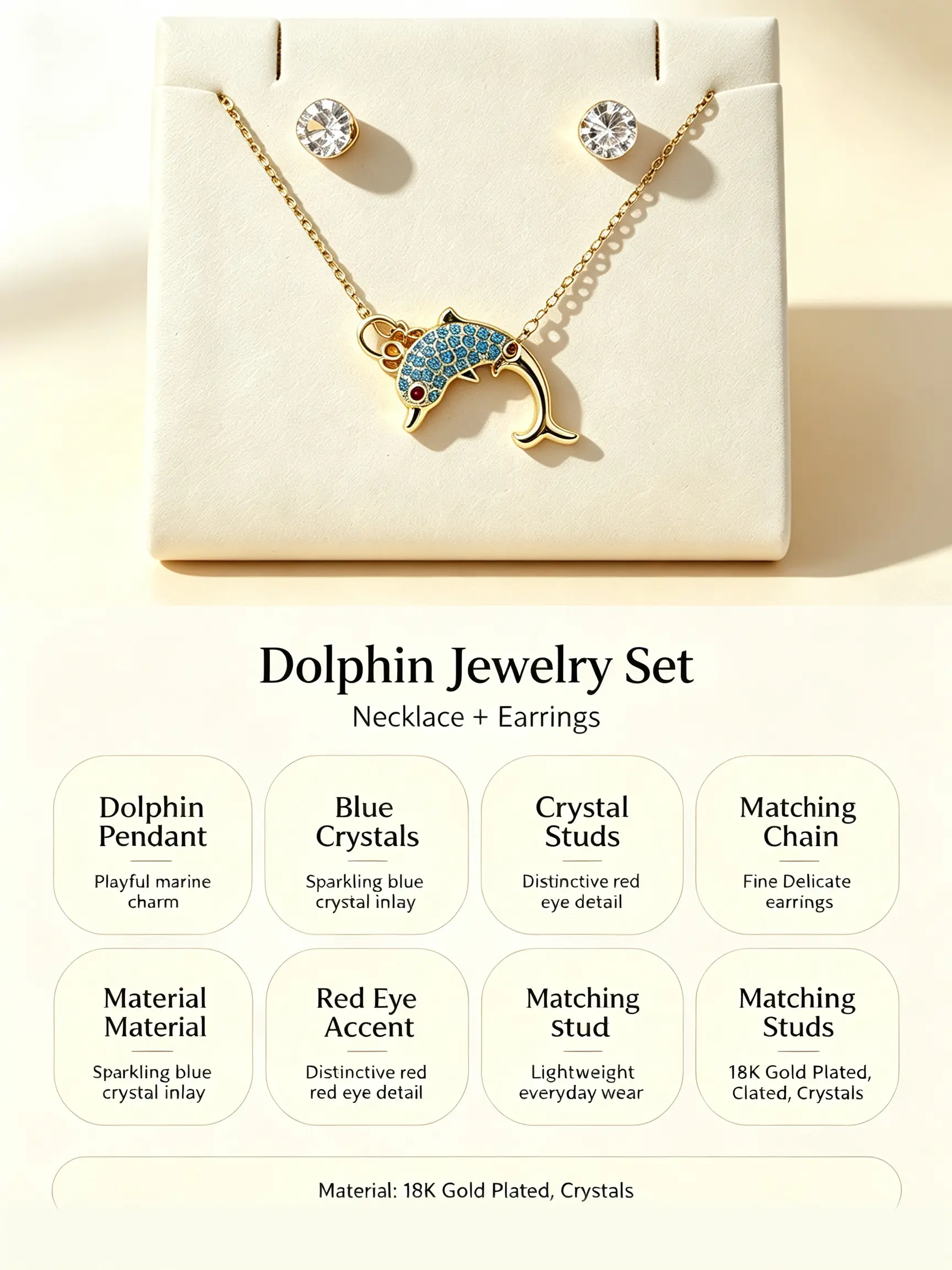Dolphin Jewelry Set - 18K Gold Plated Necklace & Earrings with Blue Crystals, Red Eye Accent, and Crystal Studs