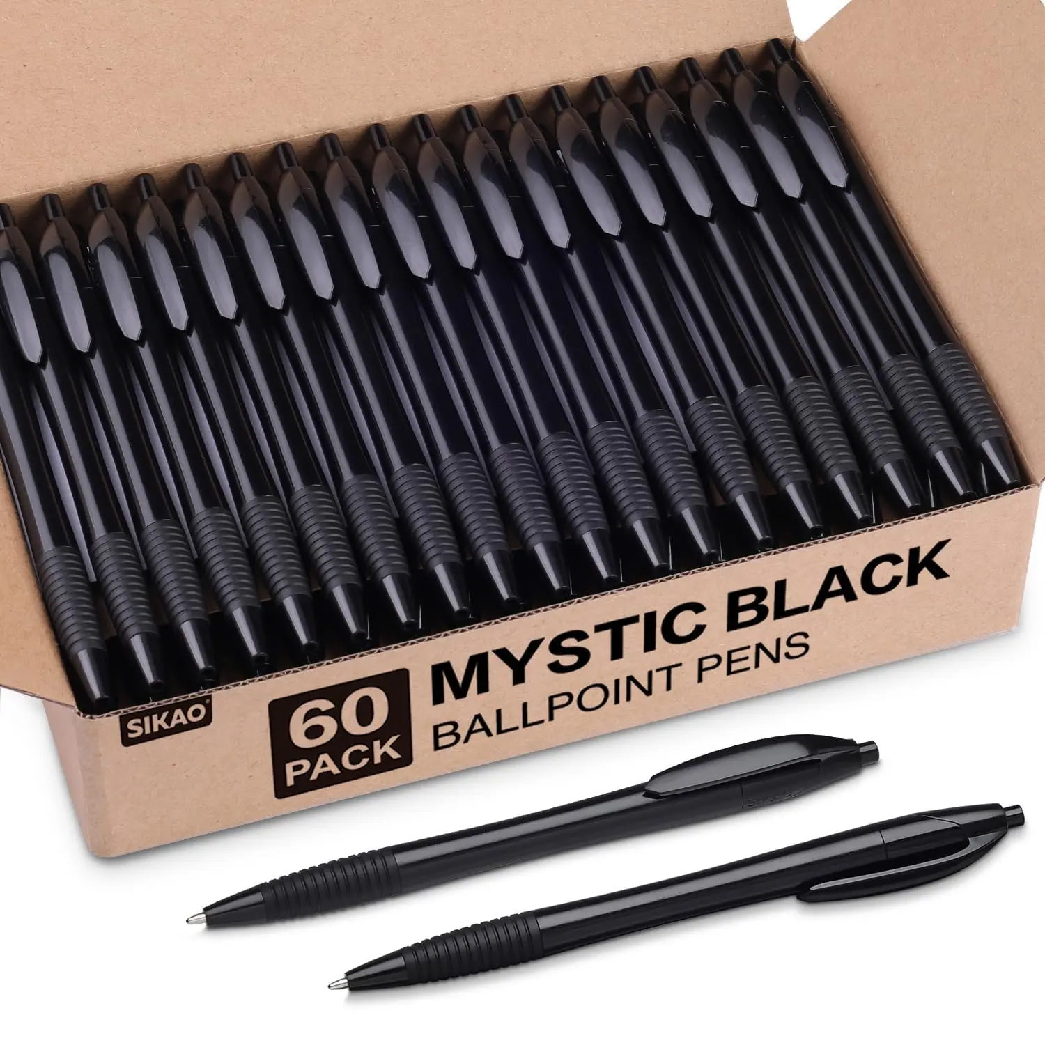 Sikao Black Pens, Pens Bulk, 60Pack Mystic Black Gripped Slimster Pens Ballpoint Smooth Writing Pens No Smear, Black Ink 1.0mm, Wholesale Click Retractable Pens, Server Pens, School Office Supplies