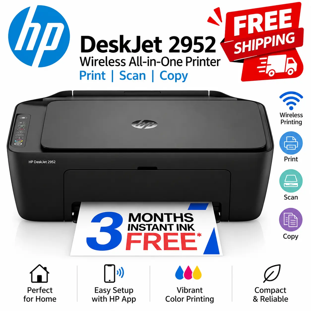 HP DeskJet 2952 Wireless All-in-1 Color Inkjet Printer - Includes 3 Months Free Instant Ink, Black