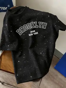 Men's Casual Short Sleeve T-Shirt, Silver Color Sequins, Brooklyn 1898 Letter Print, Soft Fabric, All Seasons, Fitted Style