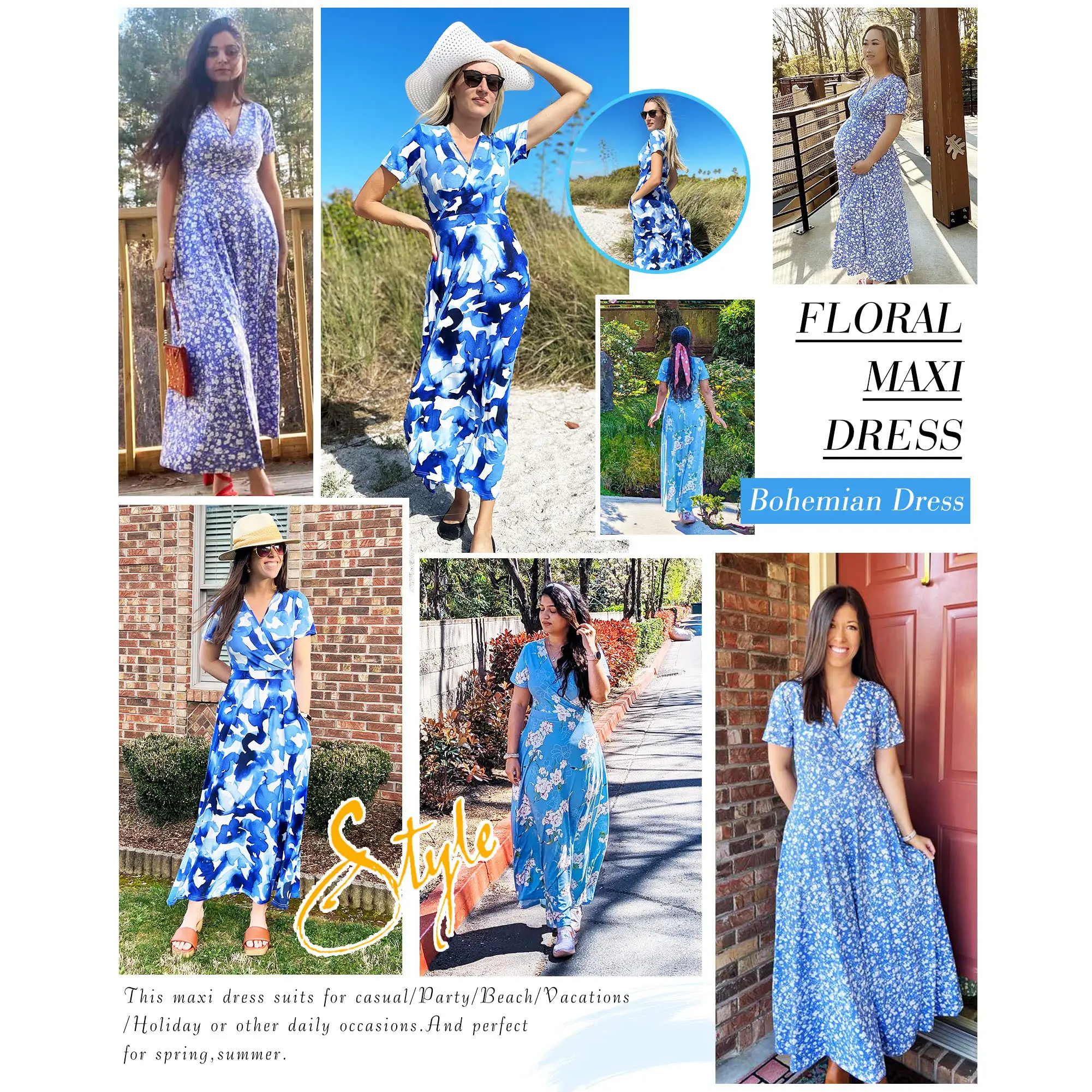 AUSELILY Maxi Dresses for Women V neck Ankle Length Floral Print Beach Long Flowy Dress with Pockets