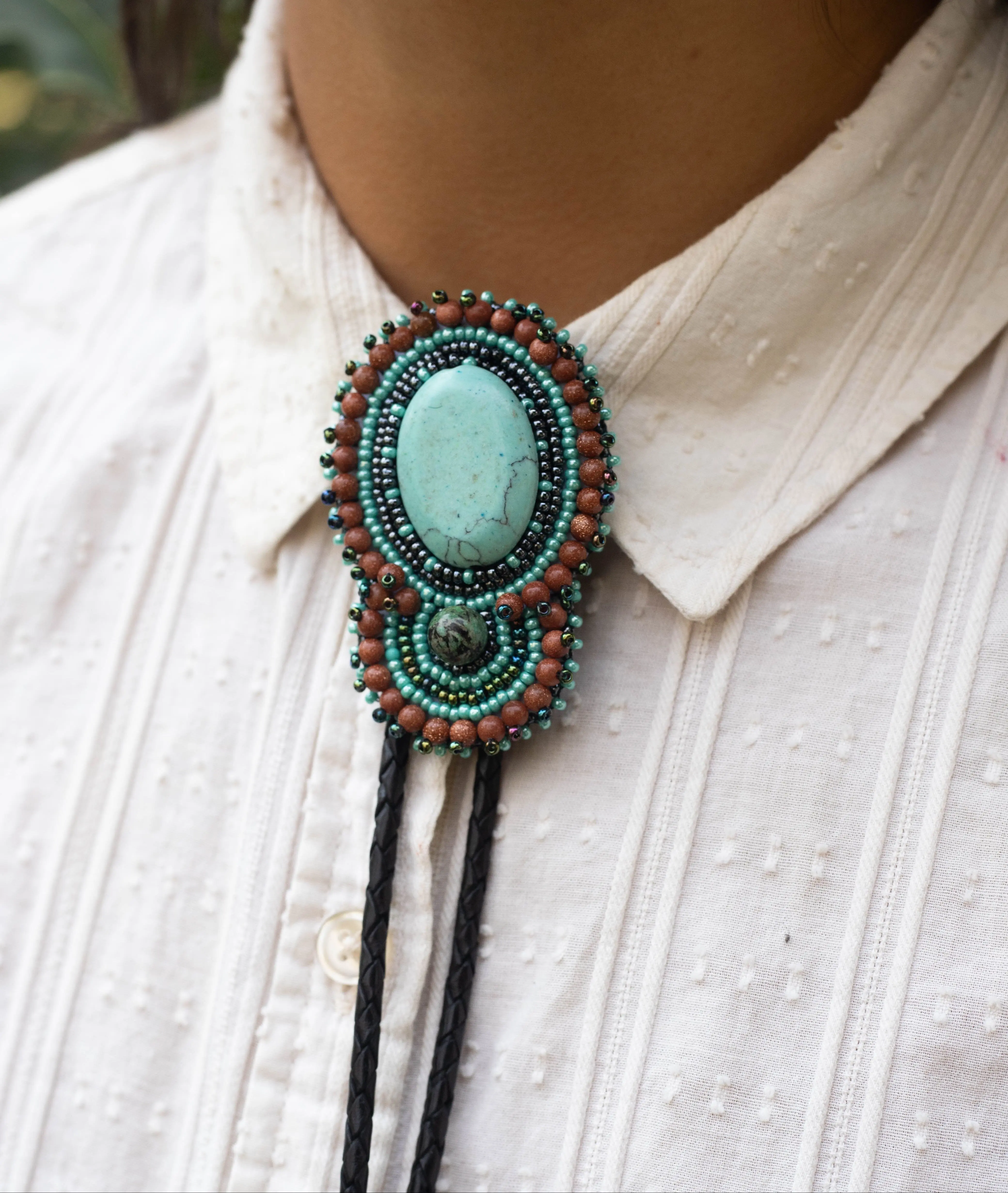 Rio Bravo - Native Beaded Bolo Tie in Earthy Blue & Brown - Handmade by Mexican Artisans - Mother Sierra