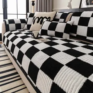 Checkerboard sofa Cover, Trendy Black White Sofa Protector, Pet-Friendly Anti-Slip Couch Mat, Thick Washable Sofa Throw Blanket for Modern Living Room Decor, Sectional & Loveseat Furniture Protection.