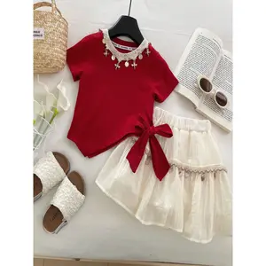 Summer Bohemian Style Lace Tassel Round Neck Irregular Tie Short Sleeve + Safety Anti-Transparency Tassel Skirt Two-Piece Set for Girls Aged 3-7 Years, Red and White Contrast Color Outfit for Everyday Outings
