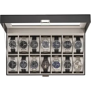 Watch Case for Men, 14 Slot Mens Watch Box Holder Organizer with Glass Lid, Watches Display Case Birthday Christmas Gifts for Men Women -14 Slot, Black
