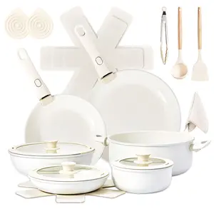 22-Piece Non-Stick Cookware Set 6 Pots 3 Lids Removable Handles Oven Dishwasher Safe 28cm Soup Pot Cream White Aluminum