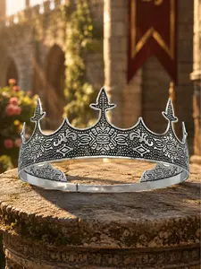 The Armored Kingdom Unisex Adjustable Medieval Crown - Handcrafted Carved, Hypoallergenic Antique Silver Iron Copper, Formal Ceremony Fashion Hair Headpiece for Ponytails