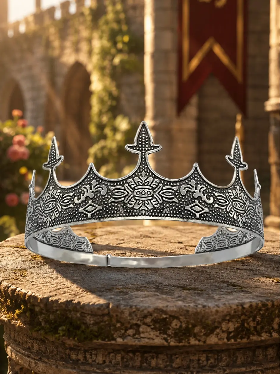 The Armored Kingdom Unisex Carved Antique Style Crowns & Tiaras, Handcrafted 3.8 in Antique Silver Iron/Copper Headpiece, Adjustable Hypoallergenic for Cosplay, Formal Ceremonies, Ponytails