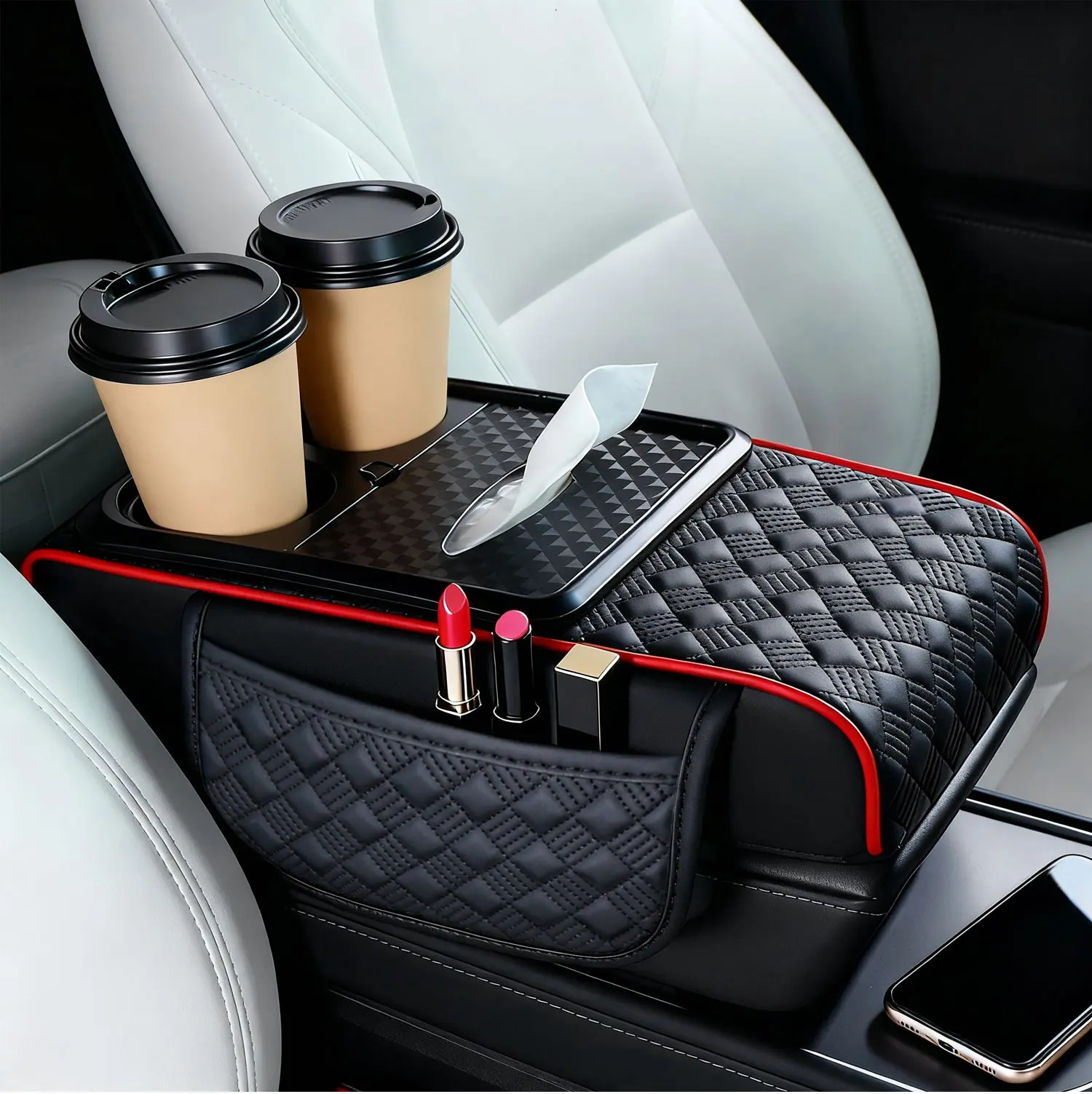 Universal Car Interior Accessories for Stowing Tidying, Cup holder & Phone Storage for Vehicles, Car Center Console Armrest Pad, Multifunctional 4 in 1 Car Storage Bag, Car Interior Accessories Armrest Box Storage Pocket