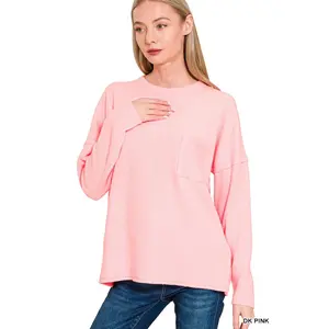 Zenana Ribbed Brushed Melange Hacci Sweater with Chest Pocket