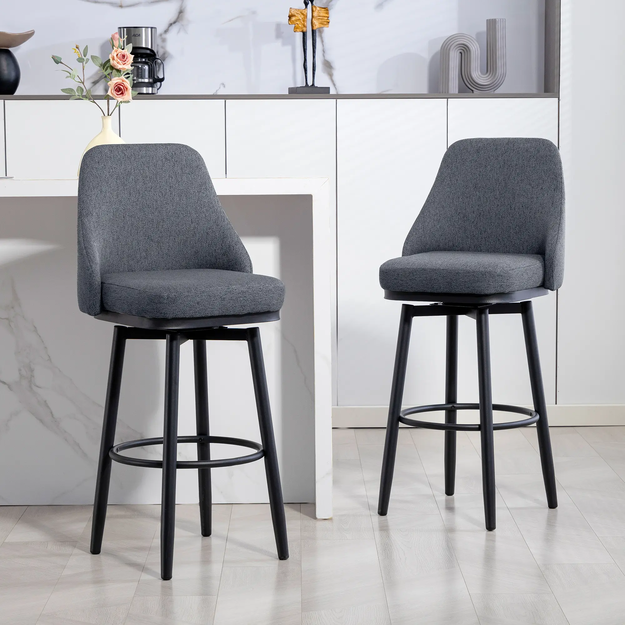 Set of 2 Modern 360° Swivel 360 Rotational Bar Stools - Curved Upholstered Single-Back Heavy-Duty Kitchen Chairs, Linen Fabric Padded Seat, Footrest, Powder-Coated Steel Frame, Dark Gray, 264 lbs Capacity, 360 Rotational Barstools, 360° Swivel Barstools