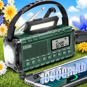 Hand-Crank Solar Emergency Radio: Portable AM/FM/NOAA Weather Alert, 10000mAh Battery, Type-C, LCD Clock, LED Flashlight/Reading Light, SOS, Waterproof Shockproof - Camping Emergency Gear