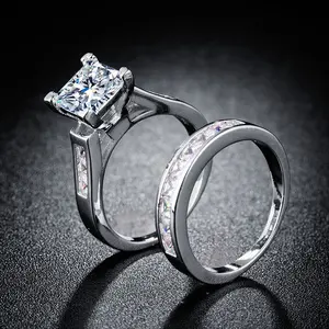 2-Piece Princess Cut Cubic Zirconia Engagement Bridal Set -  Stackable Ring Set - Affordable Unisex Wedding & Promise Gift for Women & Men