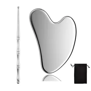 Stainless Steel Facial Gua Sha Tool Set, Includes Scraping Board & Massage Stick, Ideal for Face & Body, Travel Bag Included