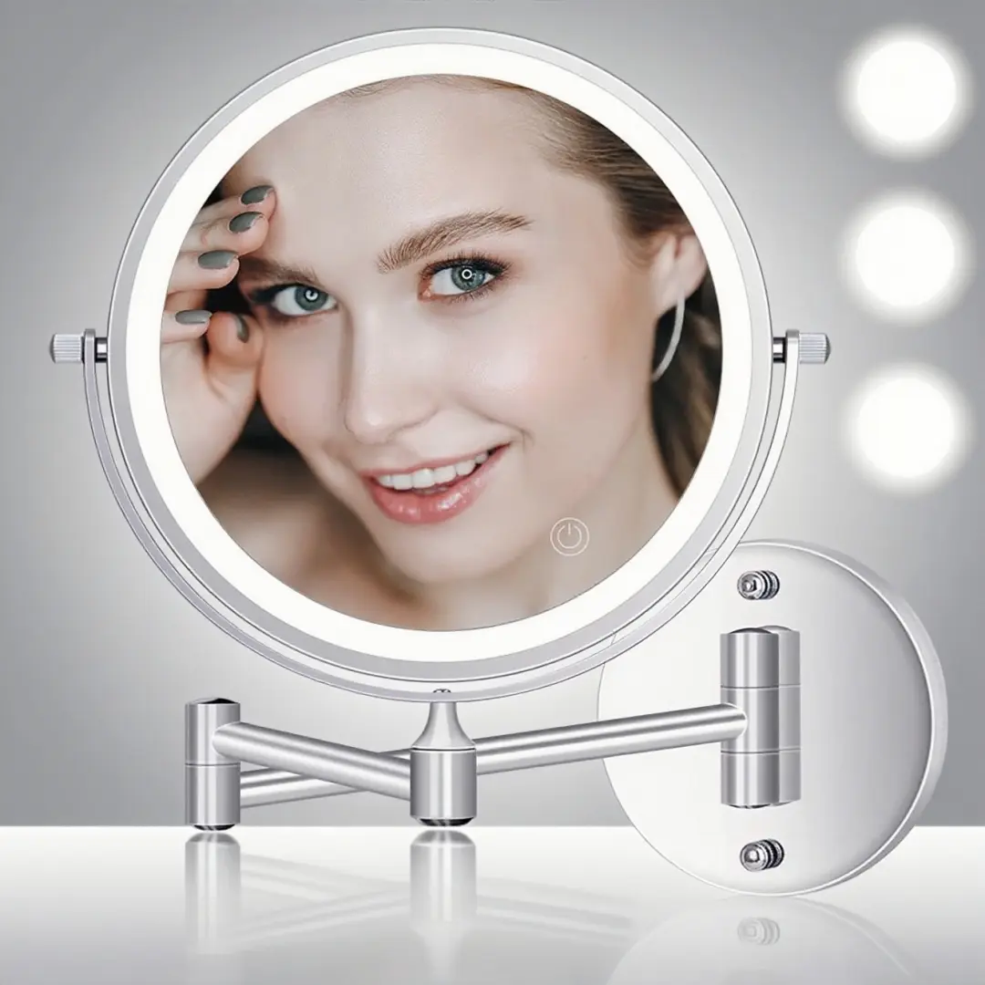 Wall-mounted lighting makeup mirror, light-emitting magnifying glass 1x/10x, 3-color light touch screen dimming, 360° rotation, extendable and foldable (silver)