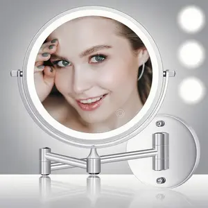 Wall-mounted lighting makeup mirror, light-emitting magnifying glass 1x/10x, 3-color light touch screen dimming, 360° rotation, extendable and foldable (silver)