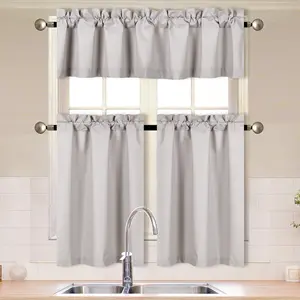 3 Pieces Solid Color Kitchen Curtain Set Tier and Valence with Rod Pocket Microfiber 100% Sunlight Blackout Drapes Window Treatment New (Silver)