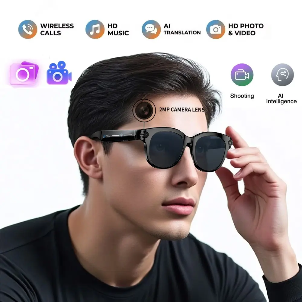 AI Smart Glasses with 2 Lenses , 2 Million Pixels Camera ,  Hands-free Anti-Shake Video Recording ,Bluetooth Calling , Ai Real-Time Translate , Magnetic Charging ,39 G Lightweight,  2 Lenses Total (Transparent Lenses +White Lenses), Wireless Smart Glasses