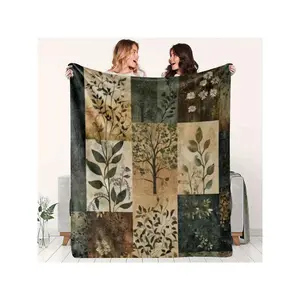 Rustic Botanical Patchwork Throw Blanket with Earthy Hues