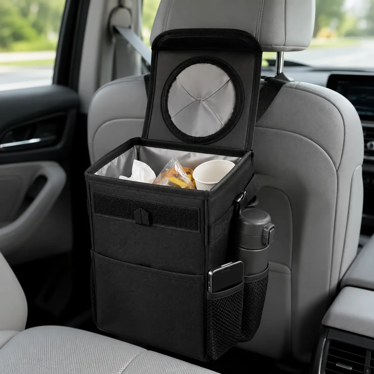 DIYCOM Cup Holder Car Trash Can - Leakproof, Waterproof, Foldable Compact Auto Garbage Bin with Lid, Front/Back Seat Mounting Trash Holding Truck Seat Organizer for Stowing & Tidying Clean Driving
