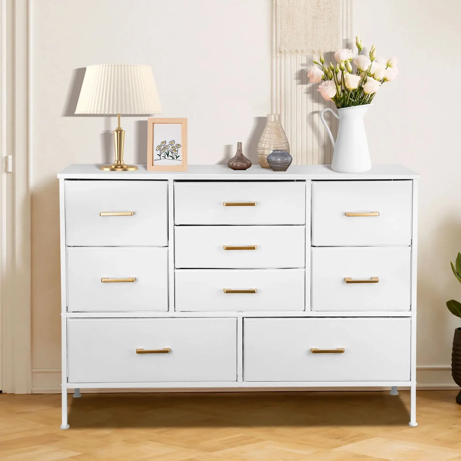 slim fit dress slacks Benjara 6 Drawer Wooden Dresser with Metal Hairpin Legs, White and Gold