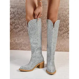 Women's Knee-High Sparkling High Heels, Shiny Blazer Collar Design, Comfortable Fashion Thick Sole Shoes, Elegant Evening Wear Footwear