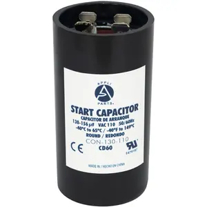 Appli Parts motor start capacitor 130-156 Mfd (microfarads) uF 110-125 VAC universal fit for electric motor applications 1-7/16 in Diameter 2-3/4 in Height CON-130-110