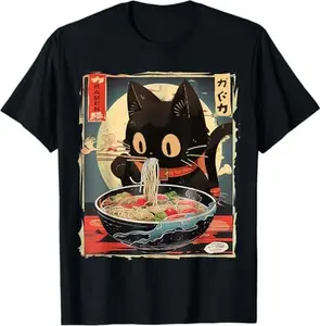 Kawaii Cat Eating Ramen Noodles Anime Gift Girls Teens T-Shirt