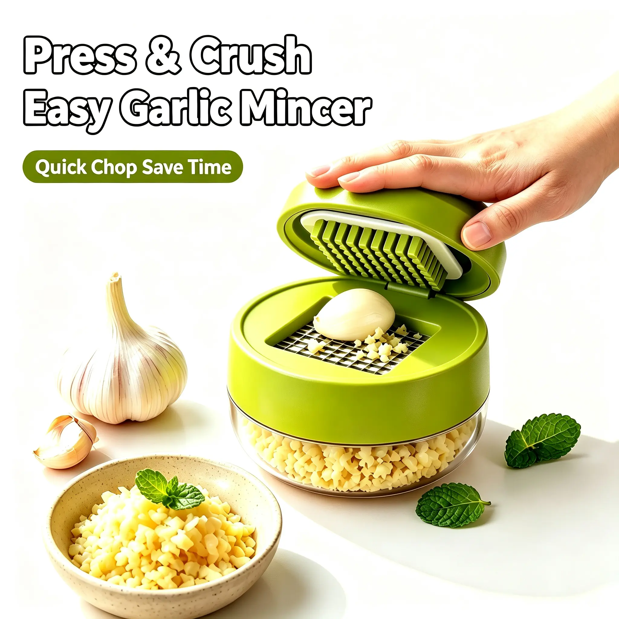 Mini Handheld Garlic Chopper Press with Container, Stainless Steel Blade Manual Garlic Mincer Crusher Grinder, Portable Compact Veggie Slicer Dicer for Garlic Ginger Chili Herb, Easy Clean Kitchen Food Processor