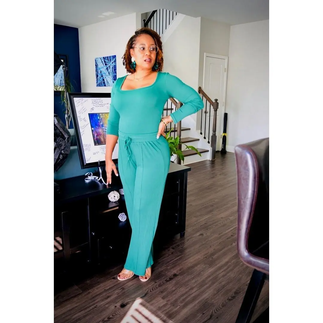 LG Ribbed Bodysuit Pants Set Hunter Green High Waist Long Sleeve Round Neck with Snap Closure & Flare Pants Elastic Waistband