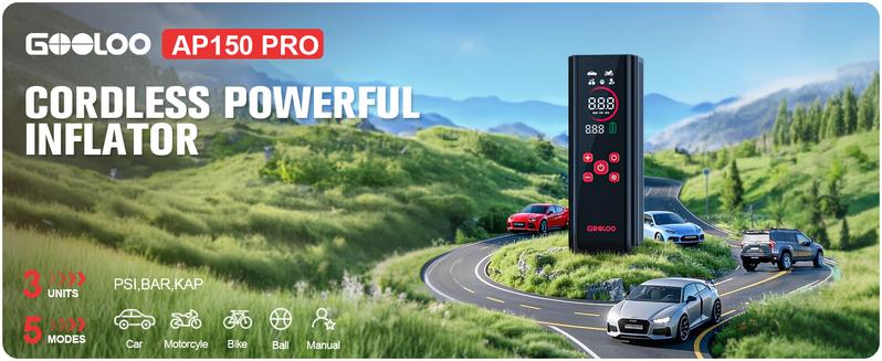 GOOLOO AP150 PRO Portable air compressor-150PSI High-Pressure with Colar Led Screen, Car accessories for Vehicle,Motorcycles,Bicycles,Balls,Cordless Tire Inflator, Springtok