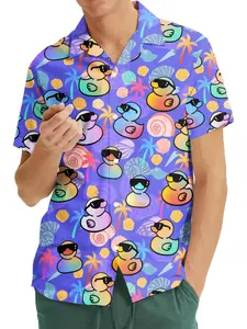 Funny Duck Print Cuban Collar Hawaiian Shirt, Fashion Summer Beach Short Sleeve Blouse, Slim-Fit Button Front, Perfect for Vacations and Photoshoots