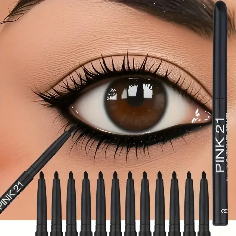 12-pack anti-smudge black waterproof pigmented eyeliner pencil set, Cosmetic, long-lasting wear, soft and smooth, easy to apply, water and sweat resistant, perfect winged effect, beginner-friendly, suitable for everyday and dramatic makeup