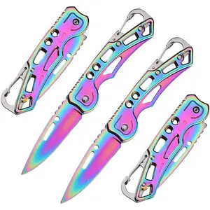 2 Pack Pocket Knife (Multicolored Titanium) with Key Ring Easy To Everyday Carry, Folding Knife Self-Defense