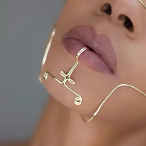 Geometric Bar Spiral Lip Cuff – Handmade Gold Wire Faux Piercing Lip Jewelry, Alternative Afro-Futuristic Statement Accessory Concerts Festivals