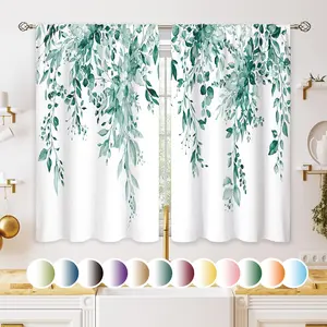 Eucalyptus Botanical Leaves Teal Floral Kitchen Window Curtains Over Sink Farmhouse Flower Leaf Small Window Treatment Cafe Short Curtains for Bathroom Treatment Tier Drapes 27.5x39inch