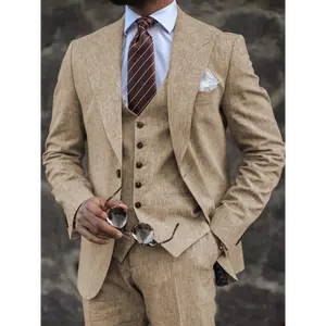 Men'S Preppy Style Wool Blend Herringbone 3pcs Suit with Vest, Solid Color, Notched Lapel, Long Sleeve, Regular Fit, with Pocket, for Formal Events, Business, Wedding - All Seasons