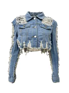Women's Ripped Raw Hem Button Front Crop Denim Jacket, Fashion Casual Pocket Long Sleeve Collared Outerwear for Daily Outdoor Wear, Ladies Clothes for Fall & Winter, Womenswear