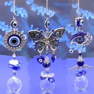 Blue Evil Eye Butterfly Wall Hanging with Crystal Suncatcher Ornament for Home Decor Protection Good Luck Blessing Housewarming Birthday Gift