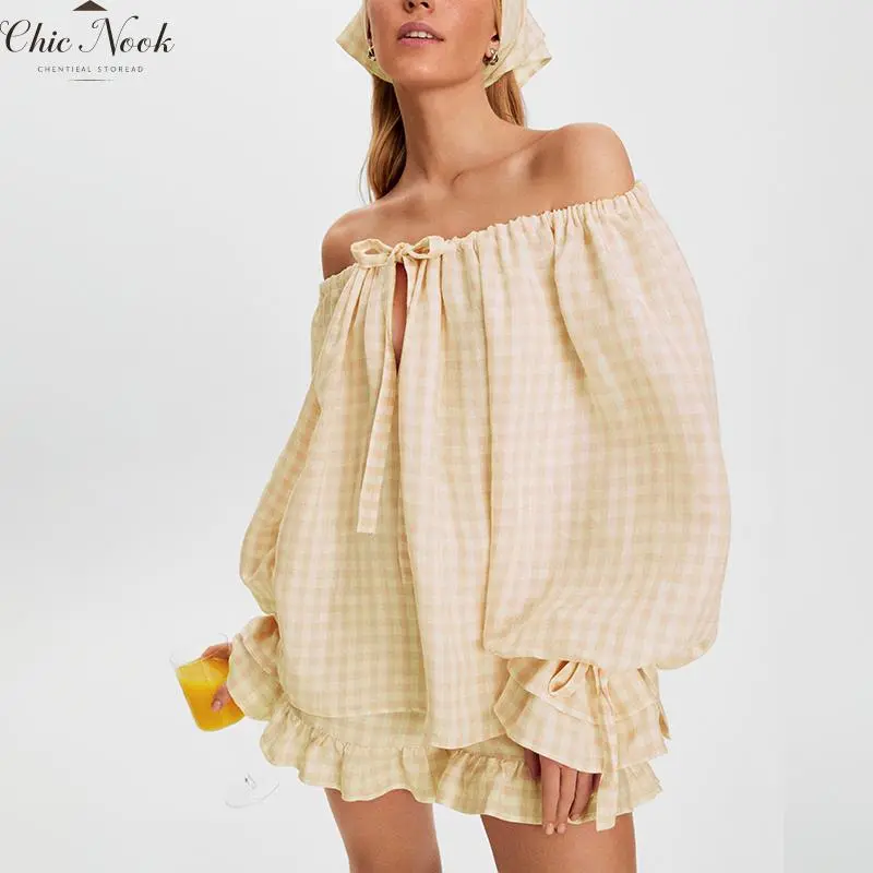 Women Fashion Plaid Outfit, Long Sleeve Tie-up Crew Neck T-shirt And Elastic Waist Shorts Summer Outfit