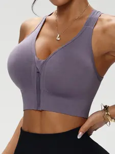 Women's Wireless Plunge Backless Yoga Sports Bra, Medium Support, Fitted Three-Quarter Cup, Lined, All Seasons, Casual Style