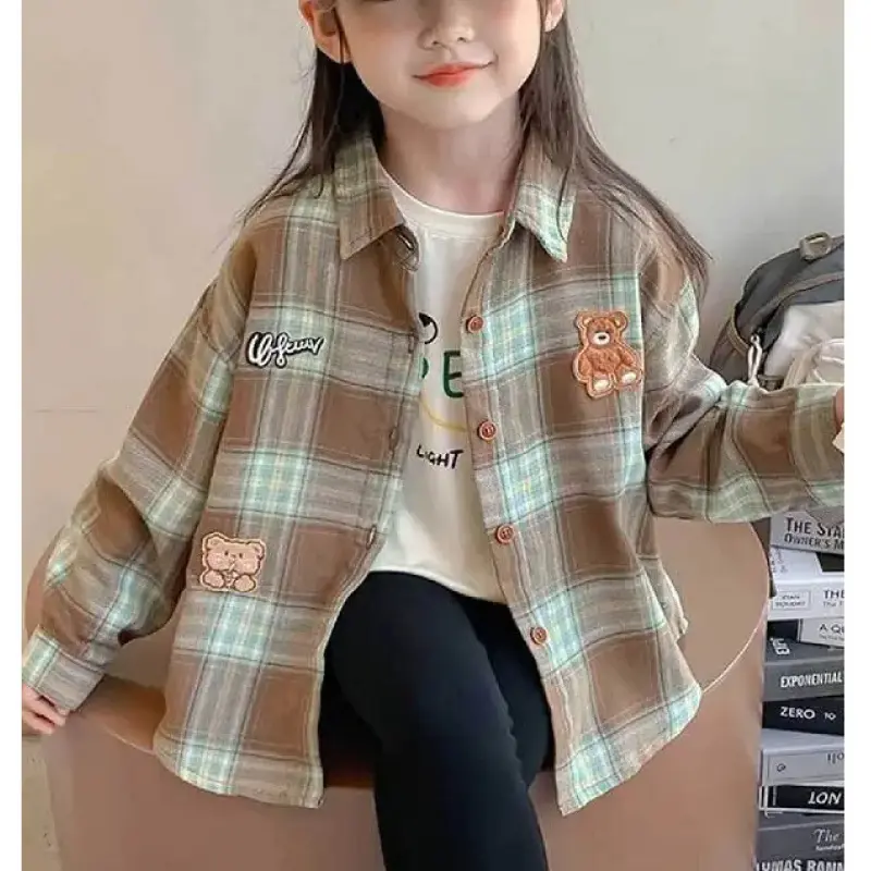 Girls' Plaid Shirt, Casual Long Sleeve Lapel Blouse with Cartoon Embroidery Everyday Leisure, Back To School Haul, Blouse/Shirt, Patchwork, Polyester